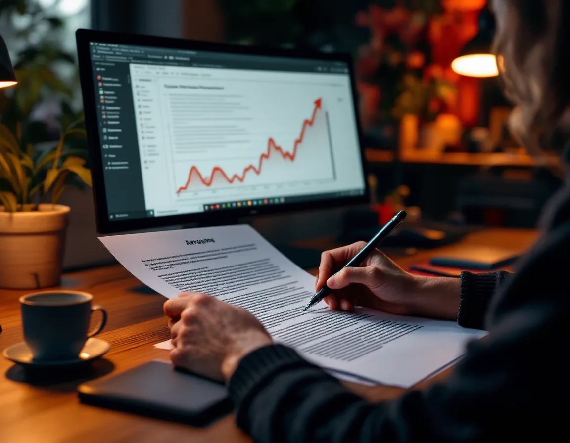 Verbwave's founder writing at a warm-lit desk with printed article drafts nearby