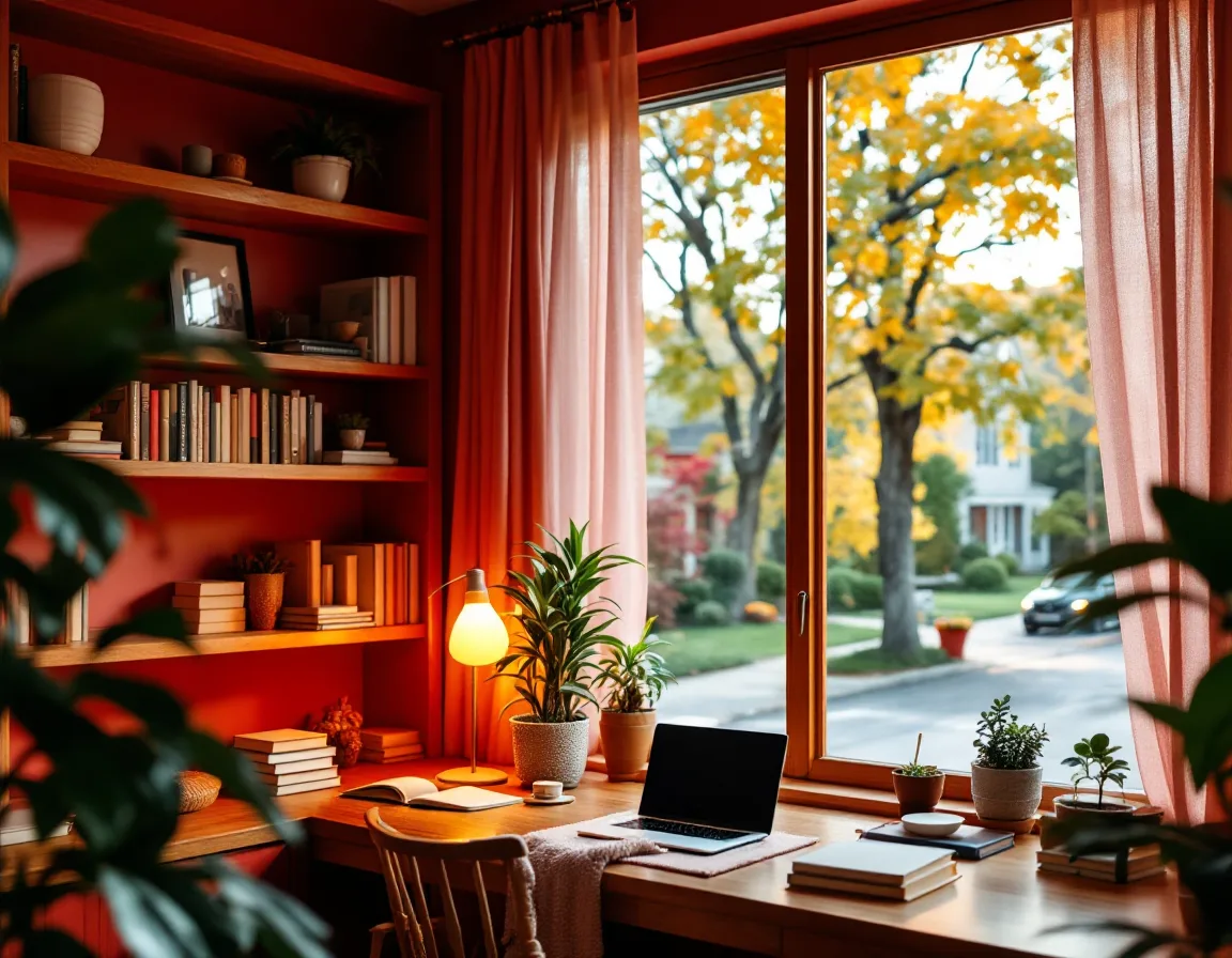 A tidy home office nook with bookshelves, warm light and a window looking onto a leafy Bloomington street