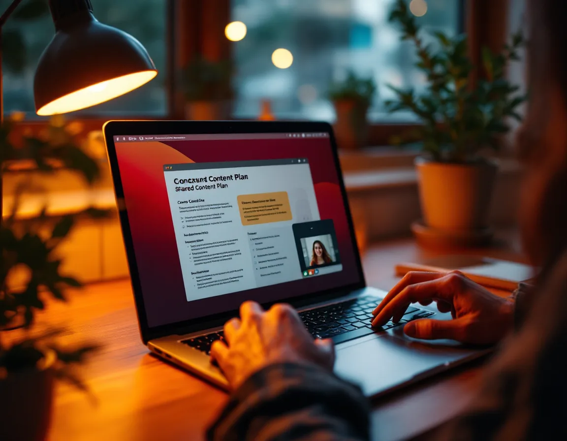 A laptop screen showing a shared content plan on a call, warm interior in the background