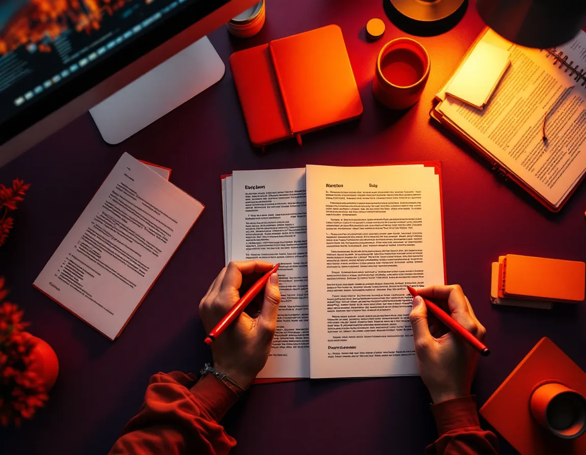 Hands editing a printed article draft with a red pen