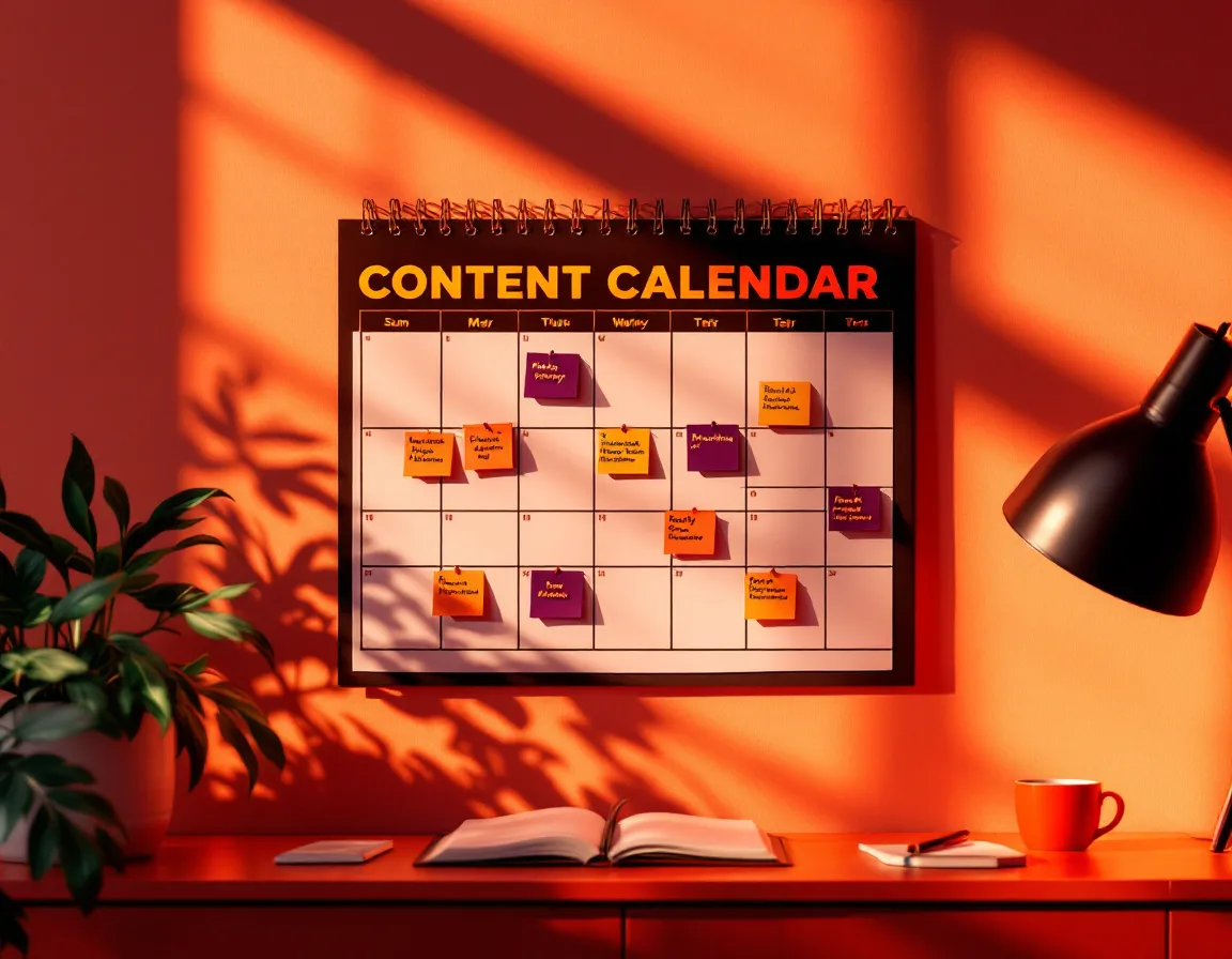 A monthly content calendar with colored sticky notes