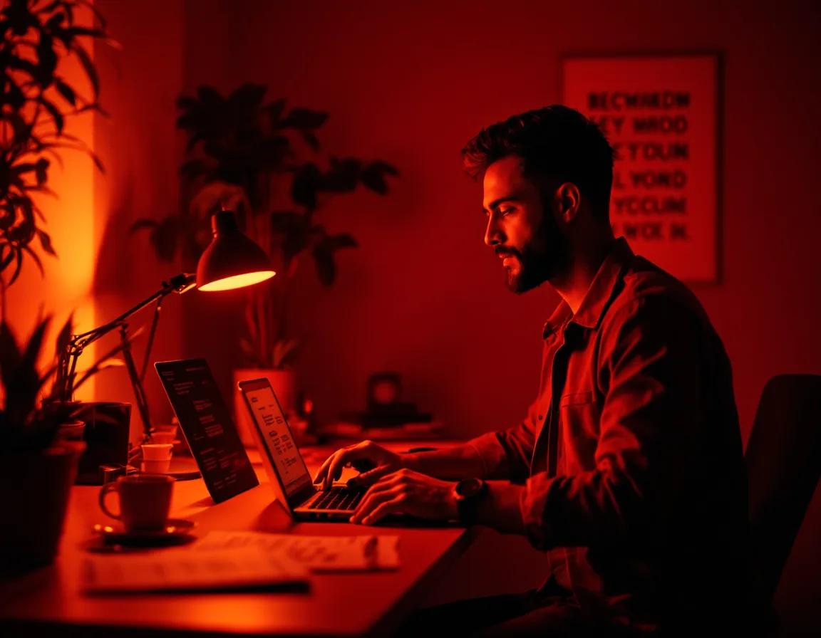 The Verbwave founder working at a warm-lit desk