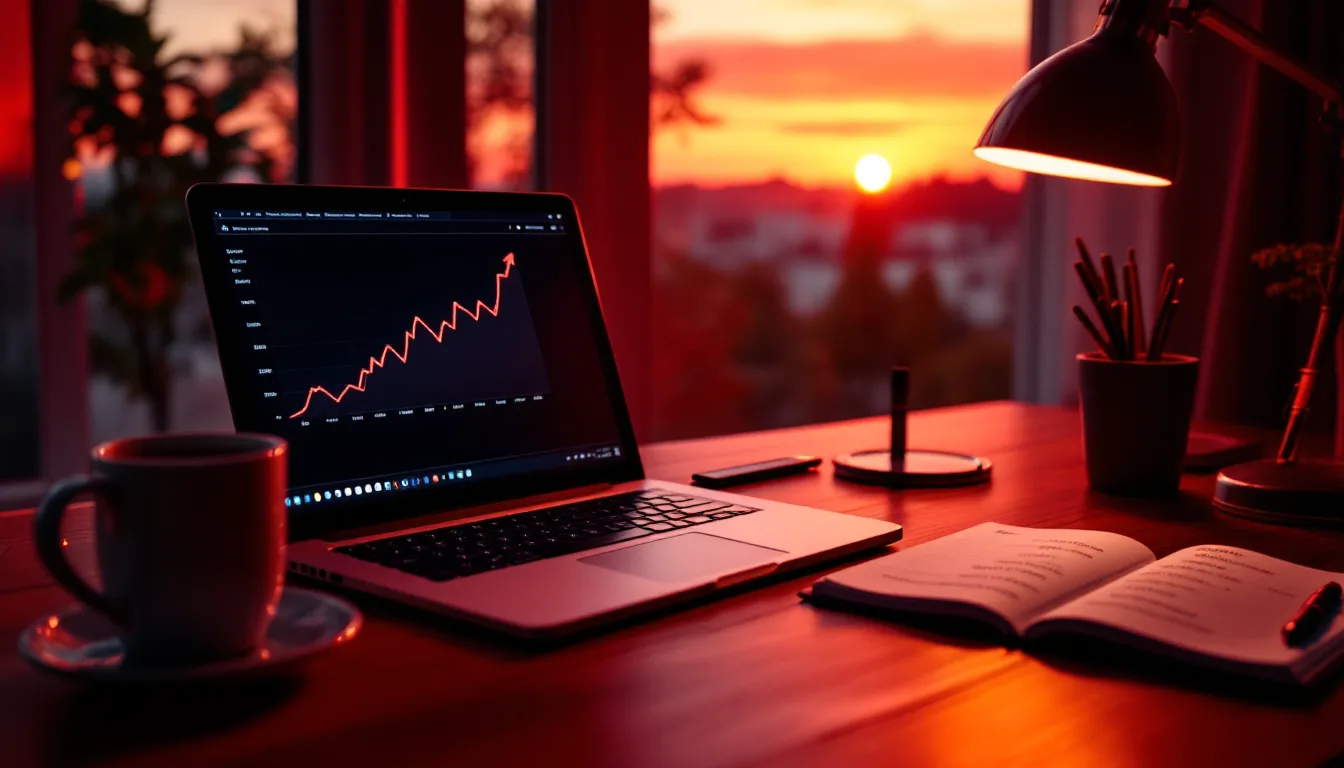 A writer's desk at golden hour with a rising traffic graph on screen