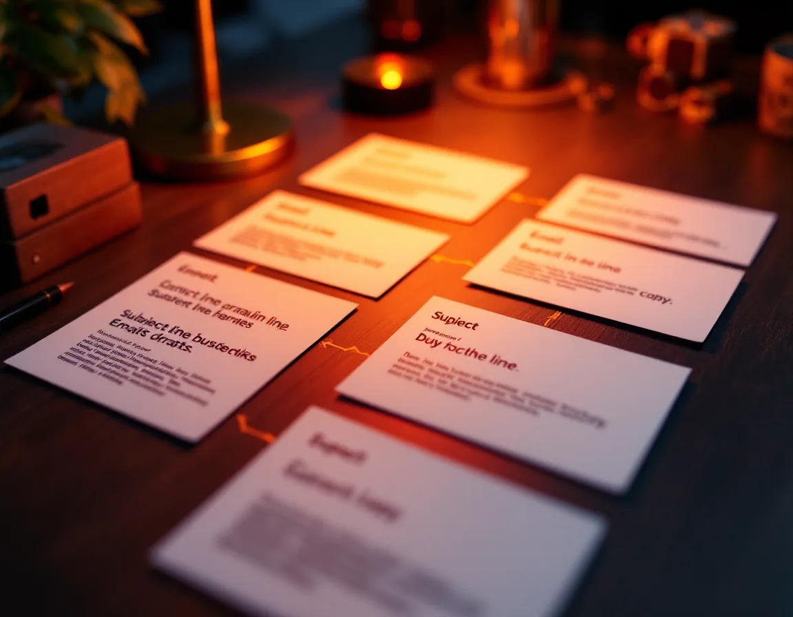 A row of email draft cards laid out as a sequence with connecting arrows