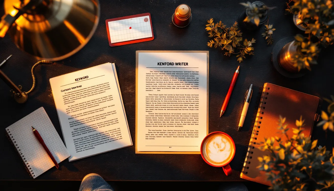 A content writer's desk with marked-up article drafts and a keyword map